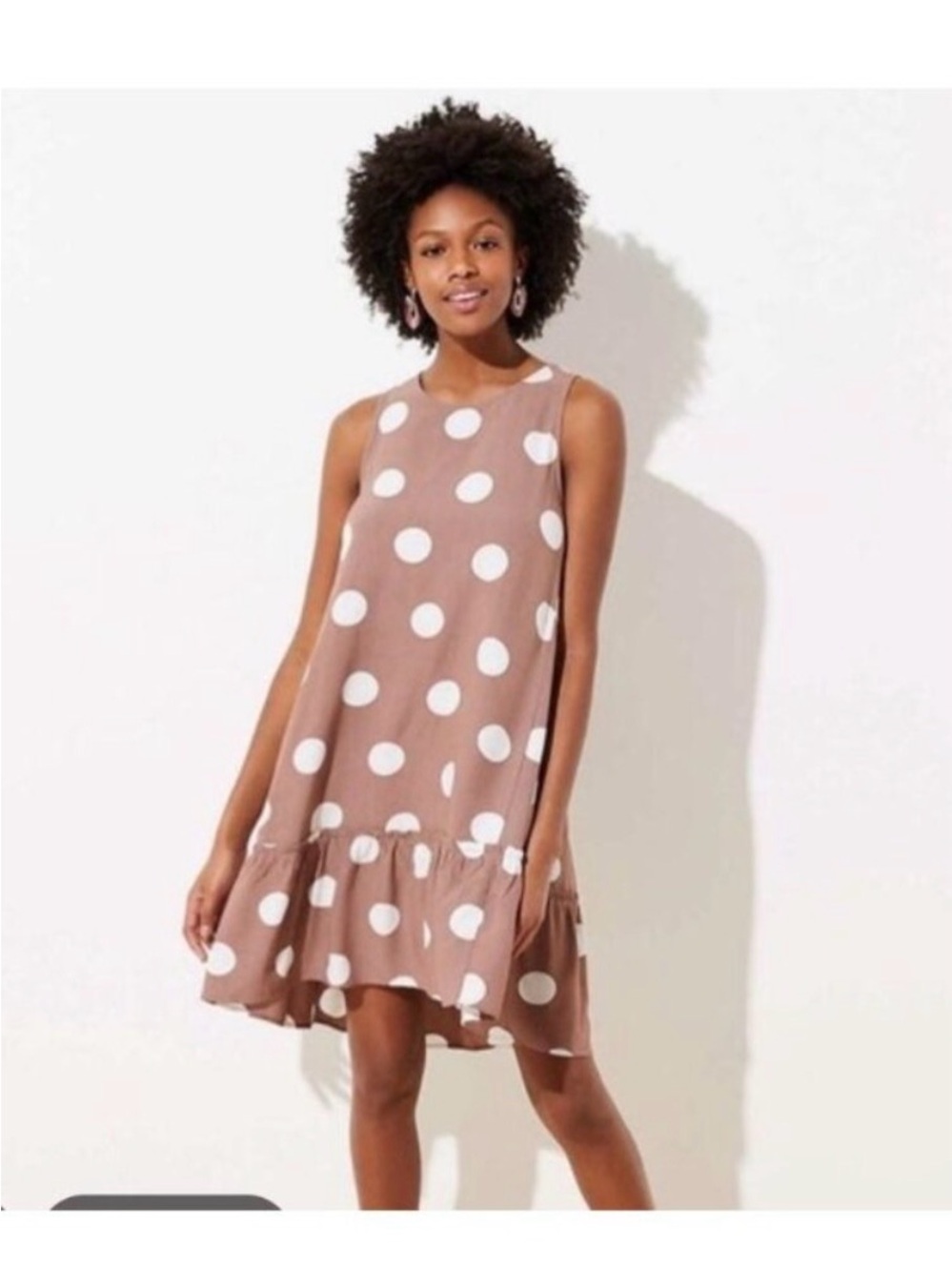 Loft Sleeveless Brown Polka Dot Ruffle Hem Dress